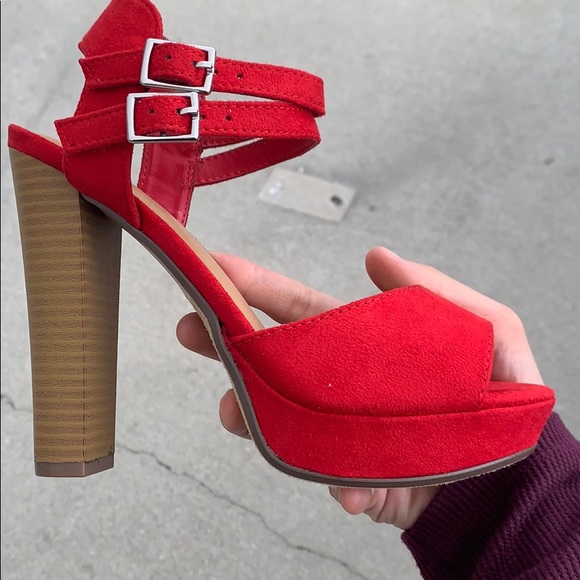 Red open toe double strap Stacked Heel Sandal - Picture 6 of 7